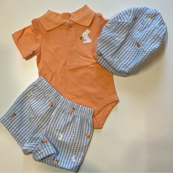 Starting Out 3 PC Easter Outfit, Orange Onesie, Blue Striped Shorts & Hat, NWT! - Picture 2 of 8